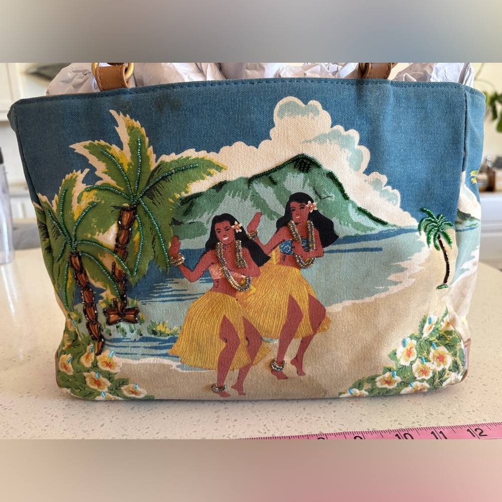 Tropical Print Canvas Tote with Bamboo Handles - Blue & Yellow - Picture 2 of 9